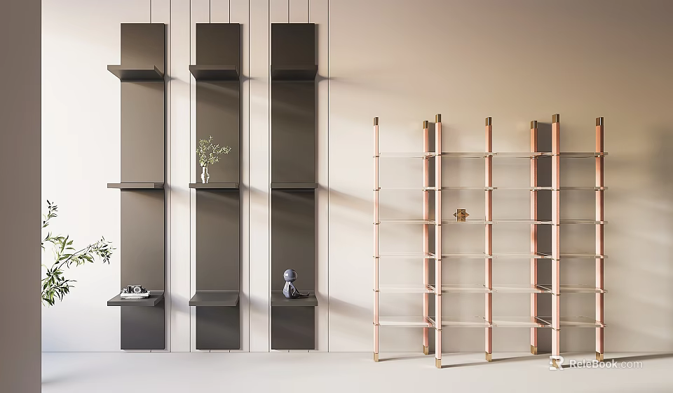 Modern Sleek Shelving Units With Black Copper Frames And Decorative Plants 3d model 