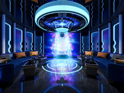 Modern KTV Interior With Neon Lighting Sofas Large Screen And Reflective Floor 3d model