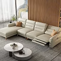 Modern Beige L Shaped Leather Sofa With Round Coffee Tables In Stylish Living Room