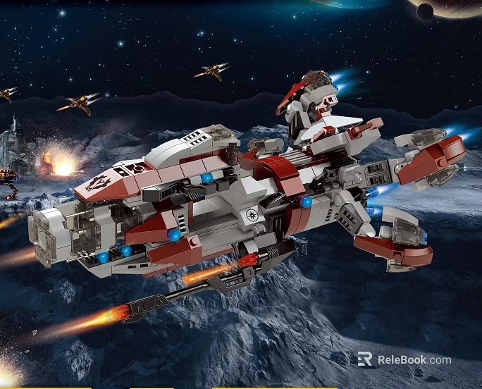 Building Block Spaceship With Flames Fighter Crafts And Stars In Space 3d model 