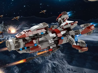 Building Block Spaceship With Flames Fighter Crafts And Stars In Space 3d model