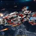 Building Block Spaceship With Flames Fighter Crafts And Stars In Space