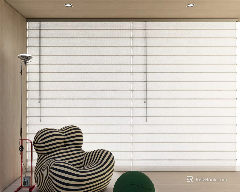 Modern Room Interior Featuring White Roman Blinds With Striped Armchair And Green Side Table 3d model 