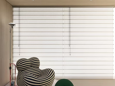Modern Room Interior Featuring White Roman Blinds With Striped Armchair And Green Side Table 3d model