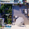 Modern Roof Garden With Outdoor Furniture Lush Greenery And City Skyline
