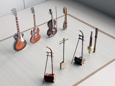 Diverse Musical Instruments Collection Including Guitars Violins And Traditional Chinese Instruments On Mat 3d model