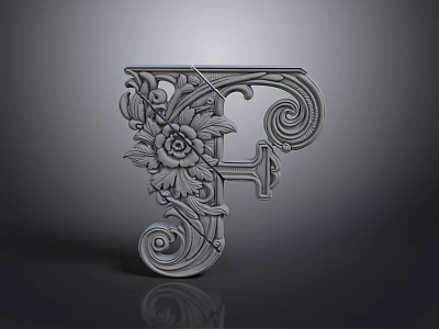 Ornamental Decorative Letter F with Floral and Curly Scroll Design for Home Living Accessories 3d model