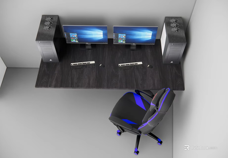 Dark Wooden Office Desk With Dual Monitors PC Towers And Black Blue Gaming Chair 3d model 