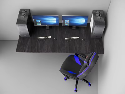 Dark Wooden Office Desk With Dual Monitors PC Towers And Black Blue Gaming Chair 3d model