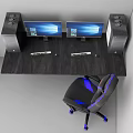 Dark Wooden Office Desk With Dual Monitors PC Towers And Black Blue Gaming Chair