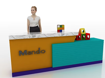Yellow And Blue Mando Reception Desk With Colorful Blocks Toy Sunflower And Woman Standing Behind 3d model