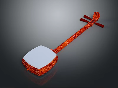 Chinese Traditional Musical Instrument with Long Neck Square Body White Panel and Red Decorative Patterns 3d model