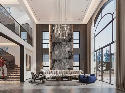 Modern Living Room Interior Design With High Ceiling Large Windows Chandelier And Sofa 3d model