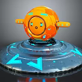 Vibrant Orange Sphere With Smiling Face Yellow Arms On Silver Base Blue Geometric Patterns 3d model