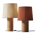 Two Table Lamps With Beige And Brown Linen Shades And Wooden Bases