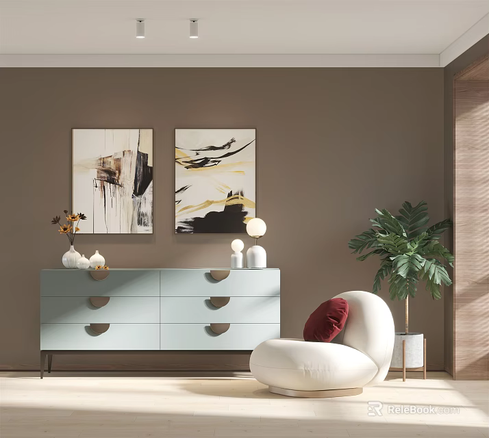 Elegant Modern Console Cabinet With Drawers Wall Art Table Lamp Accent Chair And Potted Plant 3d model 