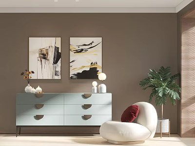 Elegant Modern Console Cabinet With Drawers Wall Art Table Lamp Accent Chair And Potted Plant 3d model