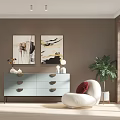 Elegant Modern Console Cabinet With Drawers Wall Art Table Lamp Accent Chair And Potted Plant