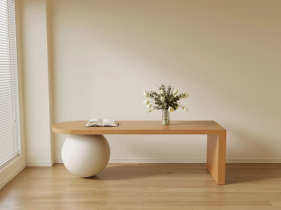 Wooden Shoe Bench With White Spherical Object Book And White Flowers On Wooden Floor 3d model