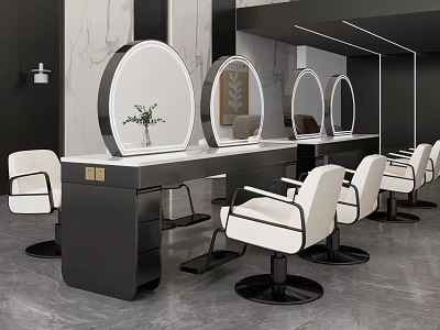 Modern Salon Table and Chair Set with Round Mirrors White Chairs and Black Countertop 3d model