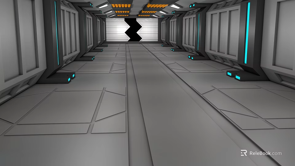 Cartoon Silver Gray Corridor Scene With Geometric Floor Patterns Blue Neon Lights Black Zigzag Structure 3d model