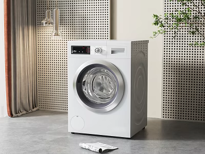 Modern White Washing Machine In Stylish Interior With Perforated Wall And Plant 3d model