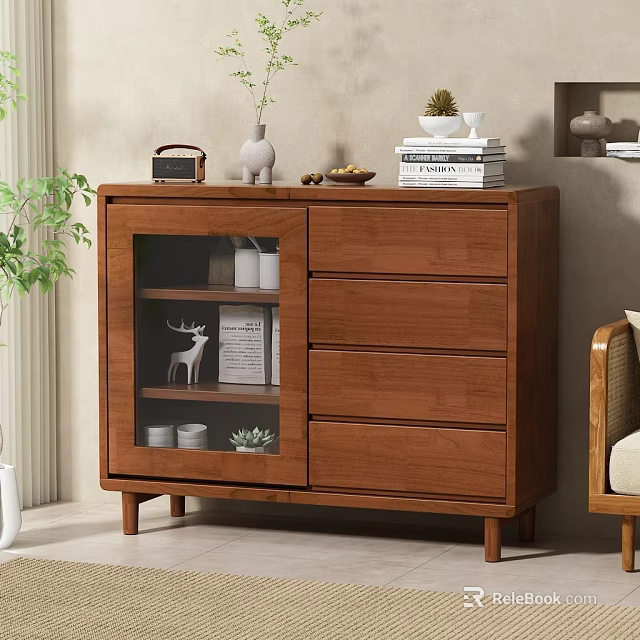 Wooden Sideboard With Glass Doors Drawers And Decorative Items Near Green Plant 3d model 