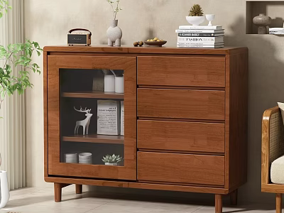 Wooden Sideboard With Glass Doors Drawers And Decorative Items Near Green Plant 3d model