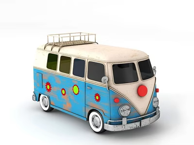Vintage Blue And Cream Van With Colorful Flower Patterns And Roof Rack 3d model