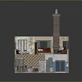 3D House Model Interior Scene With Living Room Fireplace Kitchen Dining And Bathroom Areas