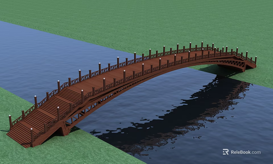 Wooden Arch Bridge Over Water With Railings And Lamp Posts Surrounded By Green Grass 3d model 
