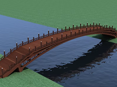 Wooden Arch Bridge Over Water With Railings And Lamp Posts Surrounded By Green Grass 3d model