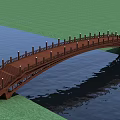 Wooden Arch Bridge Over Water With Railings And Lamp Posts Surrounded By Green Grass