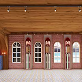 Traditional Restaurant Interior With Wooden Ceiling Chandeliers Long Tables And Patterned Floor