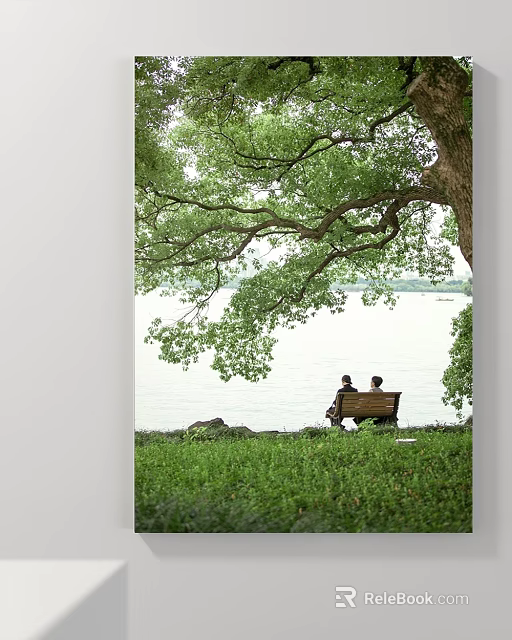 Scenic Landscape Painting With Lake Green Trees Bench And Two People Sitting 3d model 