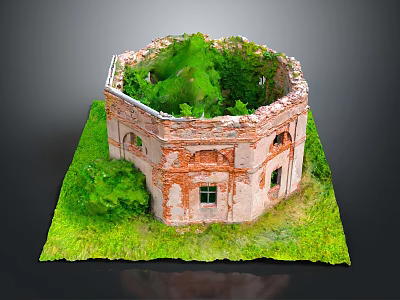 Cartoon Scene Of Ruined Brick Building With Green Plants On Top And Grass Base 3d model