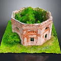 Cartoon Scene Of Ruined Brick Building With Green Plants On Top And Grass Base
