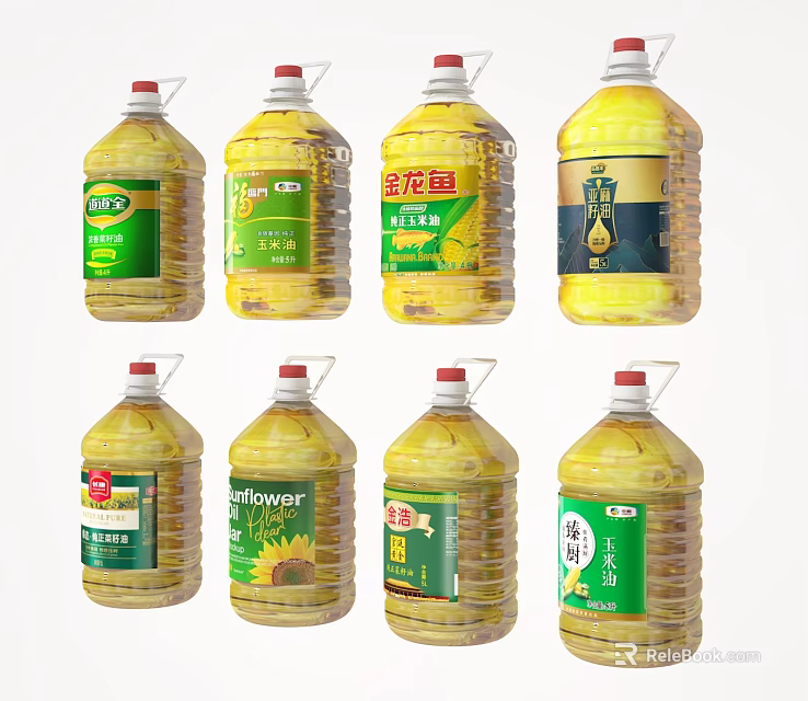Assorted Vegetable Cooking Oil Large Bottles With Various Brand Labels And Packaging 3d model 