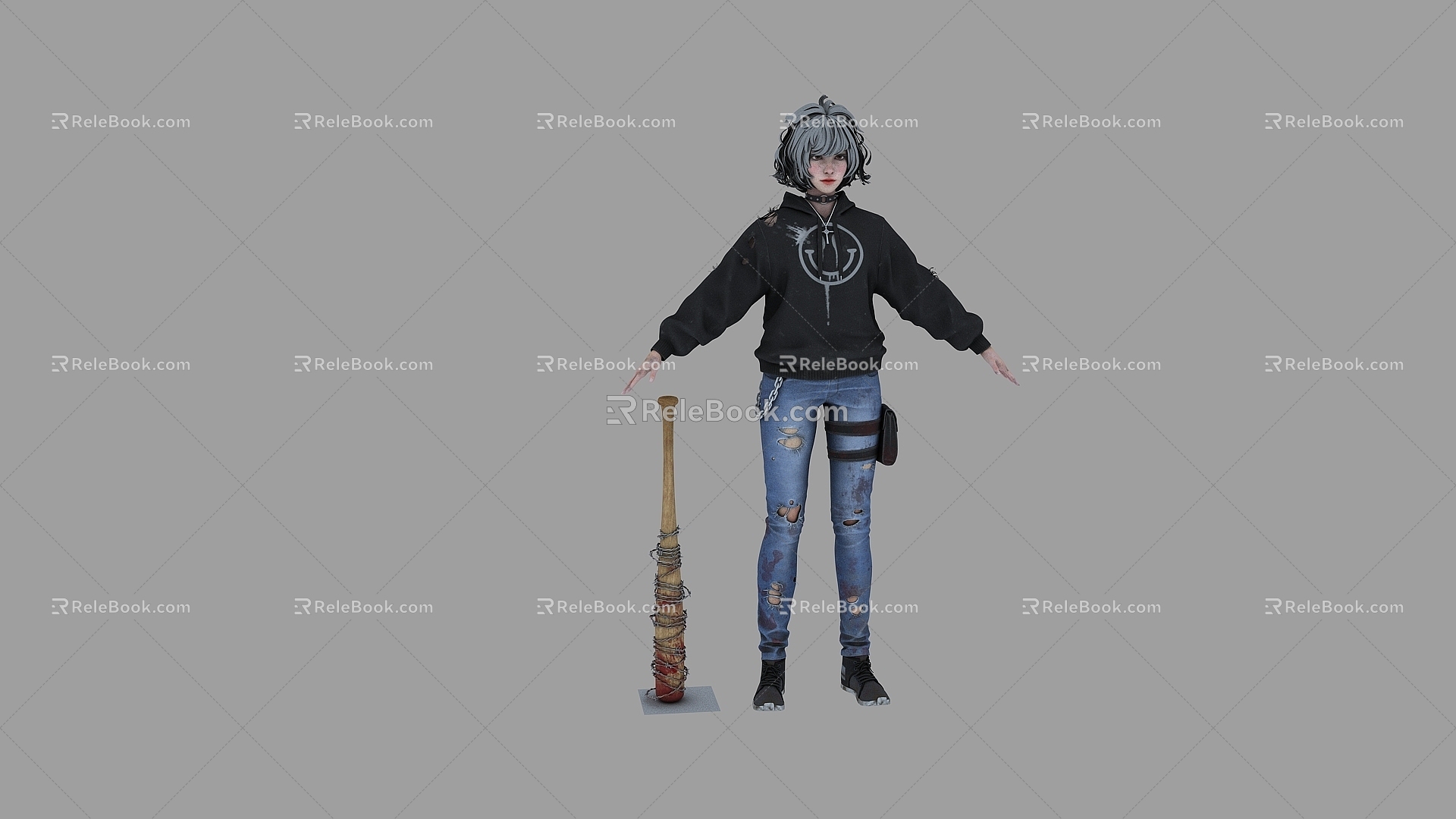 Realistic Anime Female Character Bloody Girl Bullying Savage Girl Short Hair Cool Handsome Girl Sweater Ripped Jeans Personality Girl Sub-era Character 3d model