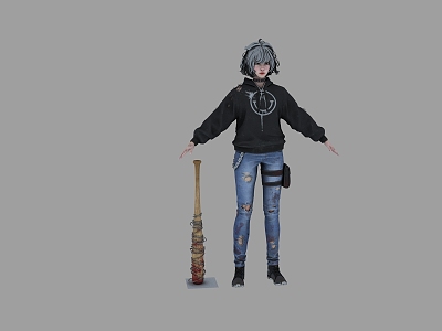 Realistic Anime Female Character Bloody Girl Bullying Savage Girl Short Hair Cool Handsome Girl Sweater Ripped Jeans Personality Girl Sub-era Character 3d model