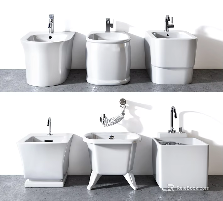 White Modern Bathroom Washbasins With Various Designs And Chrome Faucets 3d model 