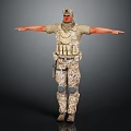 Military Character In Camouflage Uniform With Tactical Vest Knee Pads And Outstretched Arms On Dark Background