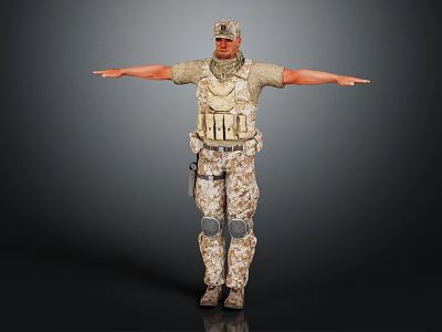 Military Character In Camouflage Uniform With Tactical Vest Knee Pads And Outstretched Arms On Dark Background 3d model