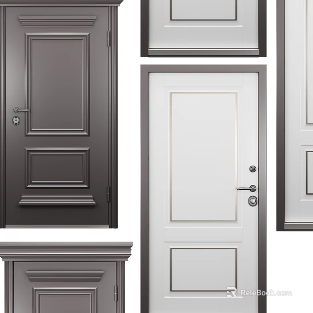 Modern Hinged Doors in Gray and White with Various Panel Designs and Door Handles 3d model 
