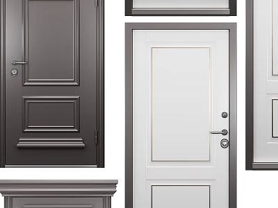 Modern Hinged Doors in Gray and White with Various Panel Designs and Door Handles 3d model