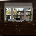 Cozy Study Room With Wooden Desk Laptop Green Plant And City Mountain View