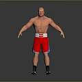 Muscular Bald Man Wearing Red Boxing Shorts White Belt And Black Shoes In Gray Background