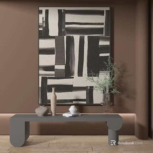 Abstract Painting With Black White Gray Geometric Lines On Brown Wall And Gray Table Decorations 3d model 