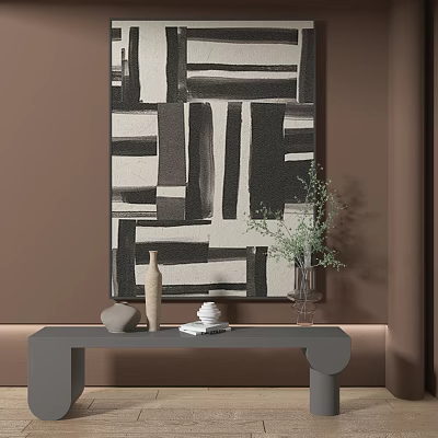 Abstract Painting With Black White Gray Geometric Lines On Brown Wall And Gray Table Decorations 3d model