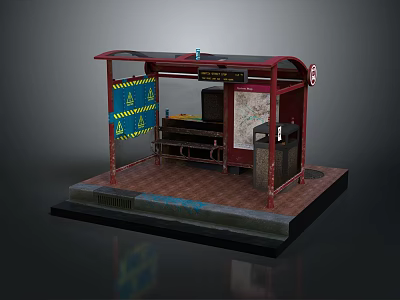 Detailed Bus Stop Shelter Model Featuring Red Roof Bench Trash Can Signs And Brick Floor 3d model
